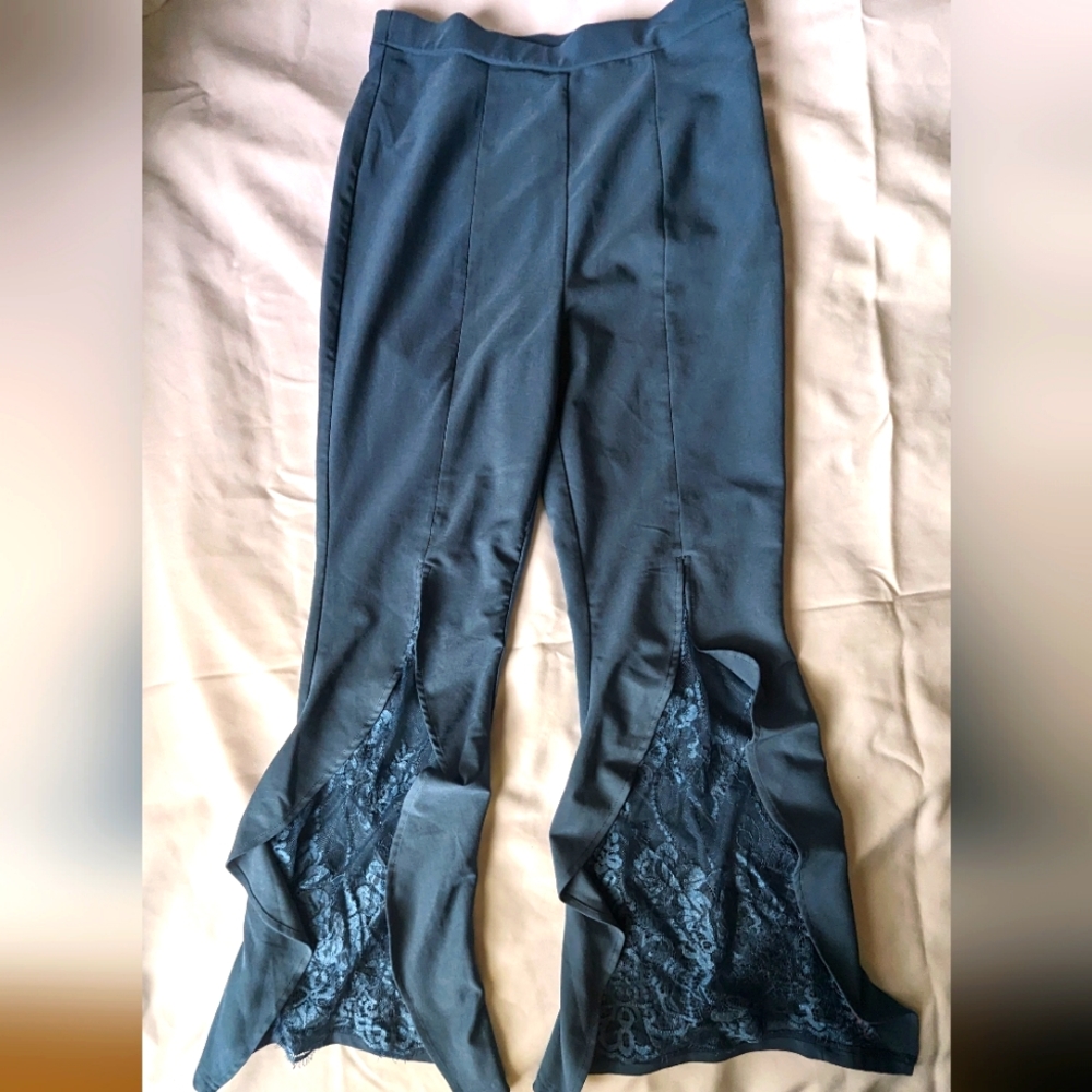 Goth muted blue pants w/ lace panels & flare bottoms